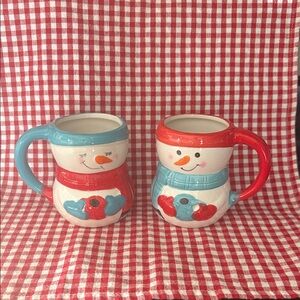 Snowman Mugs Set with Red and Blue Accents